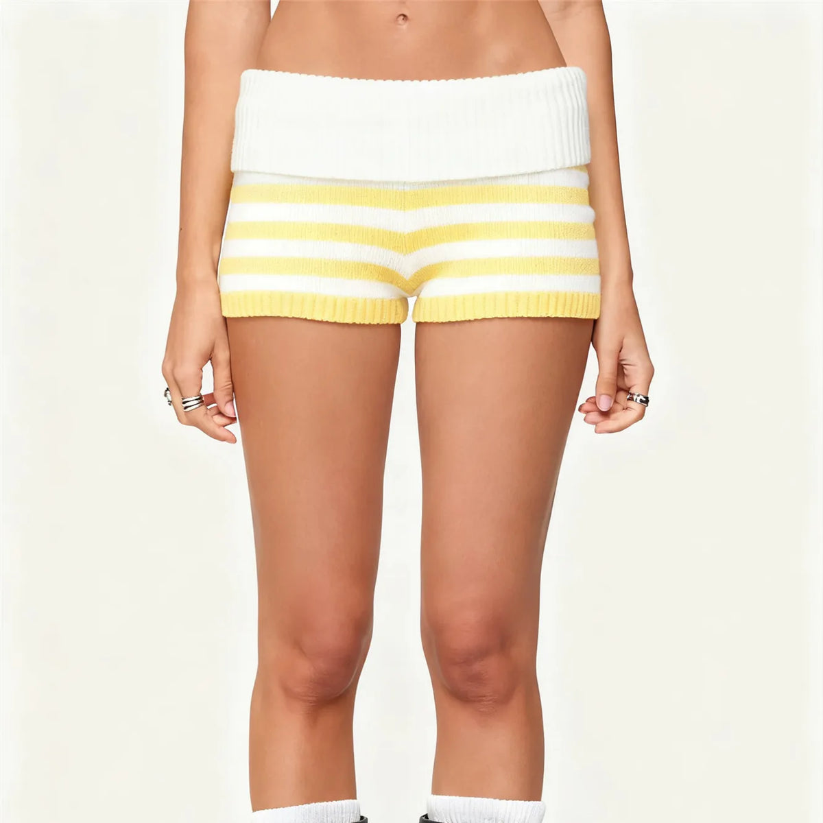 women's yellow and white striped knit shorts, casual y2k fashion