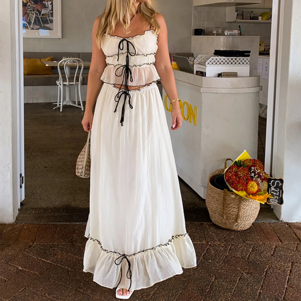 Women's white y2k outfits set with ruffle details for summer outings