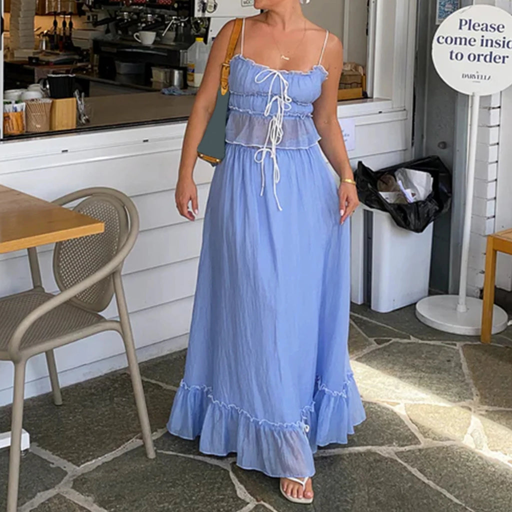 Women's light blue Y2K outfit, flowy sundress for summer outings