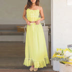 Women's bright yellow y2k outfits with ruffled details for summer wear