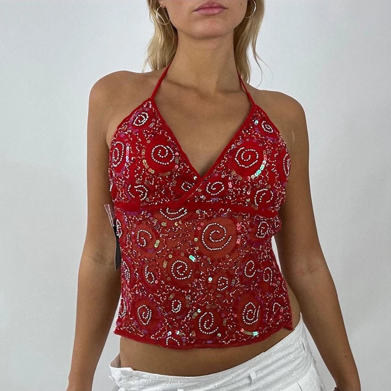 Red Y2K Sequin Cami Tank Top for stylish summer outings