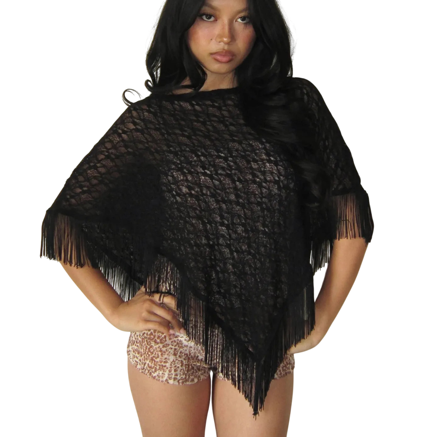 Women's Sheer Poncho with Elegant Fringe Detail