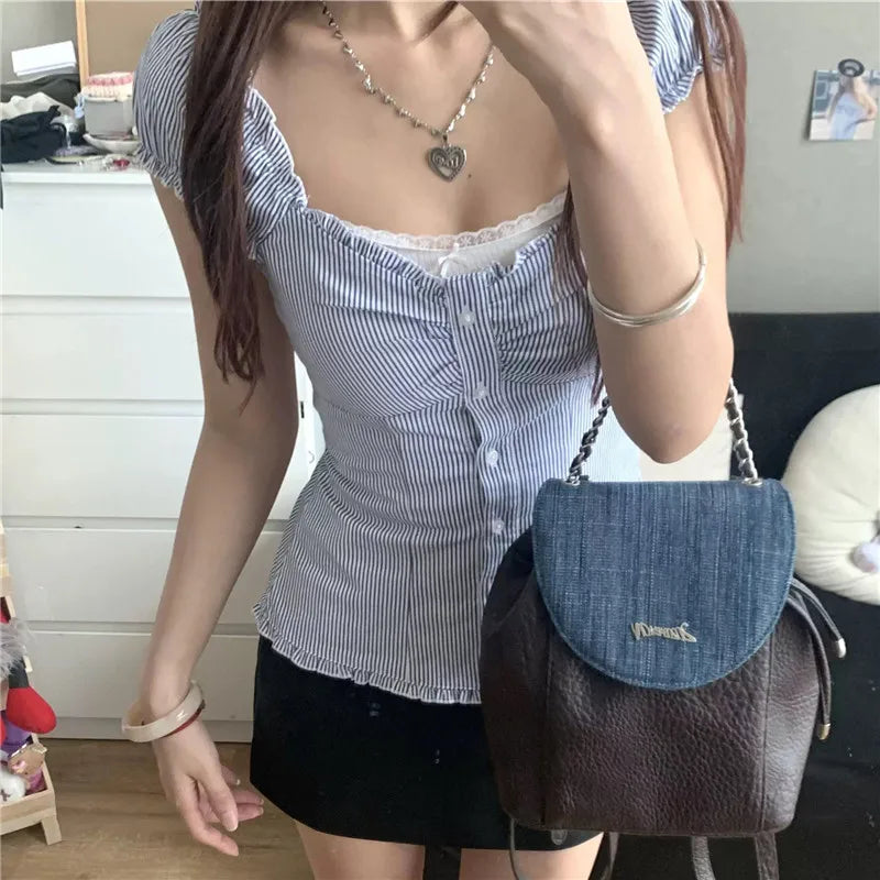Women's blue striped y2k shirt, casual wear for stylish outings