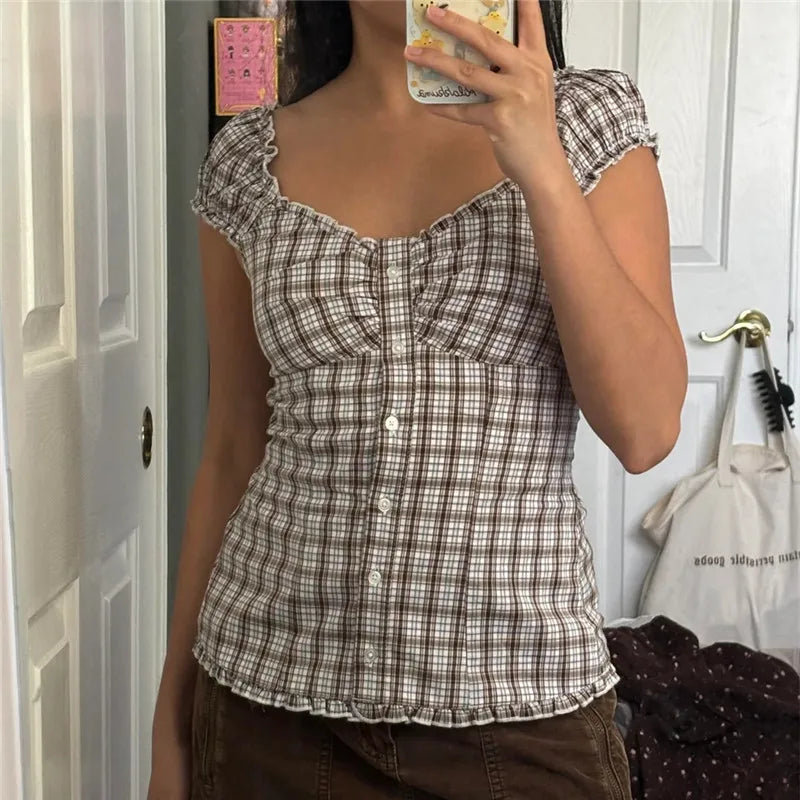 Women's brown plaid y2k shirt, perfect for casual outings