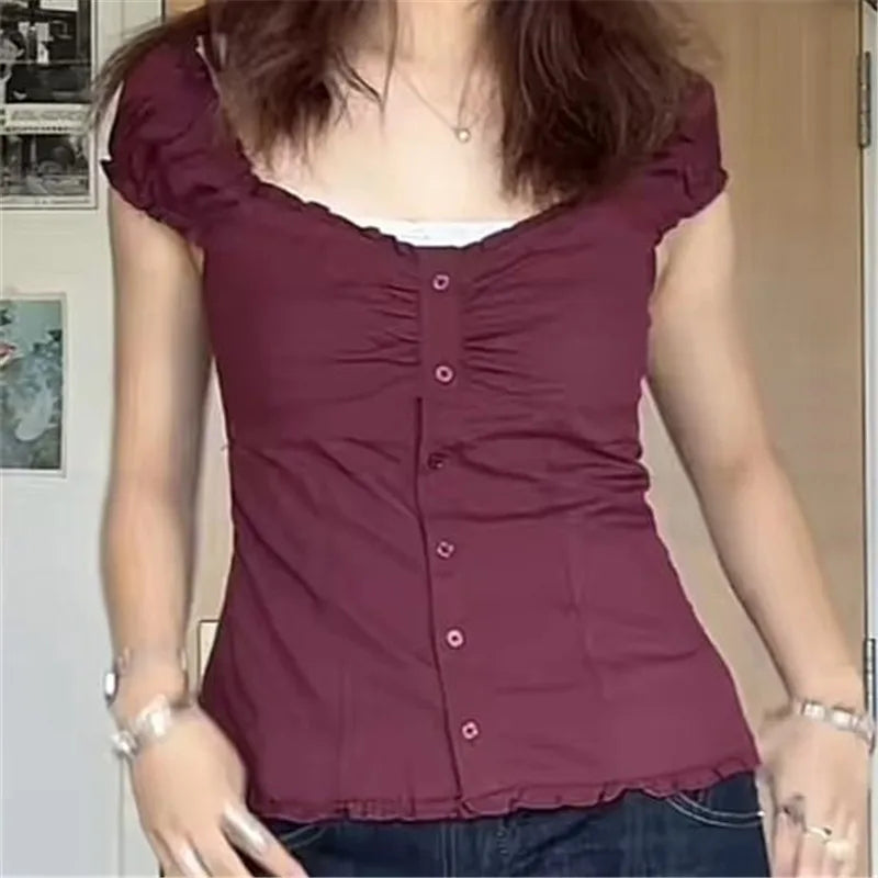 Women's maroon y2k shirt, soft fabric, casual wear