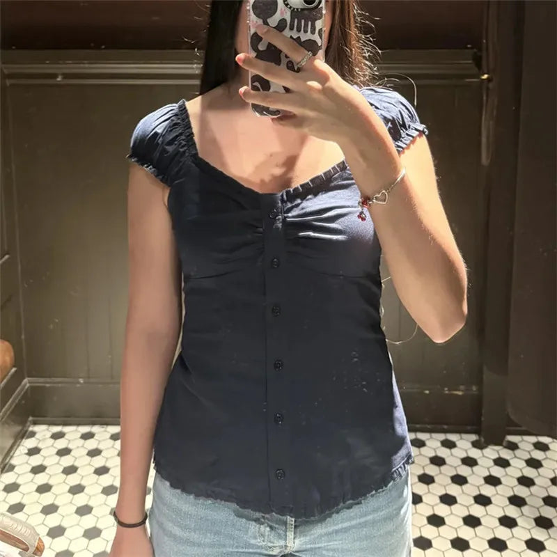 Women's navy y2k shirt in soft cotton, perfect for casual outings