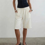 Women's cream y2k streetwear shorts with snap buttons, casual wear