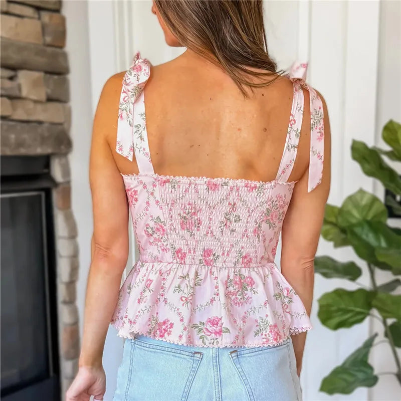 Women's pink floral y2k top with adjustable tie straps for summer outings