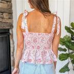 Women's pink floral y2k top with adjustable tie straps for summer outings