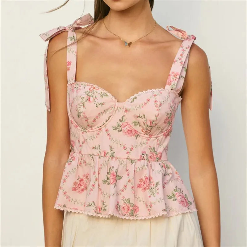 Women's pink floral Y2K top with adjustable tie straps for casual wear