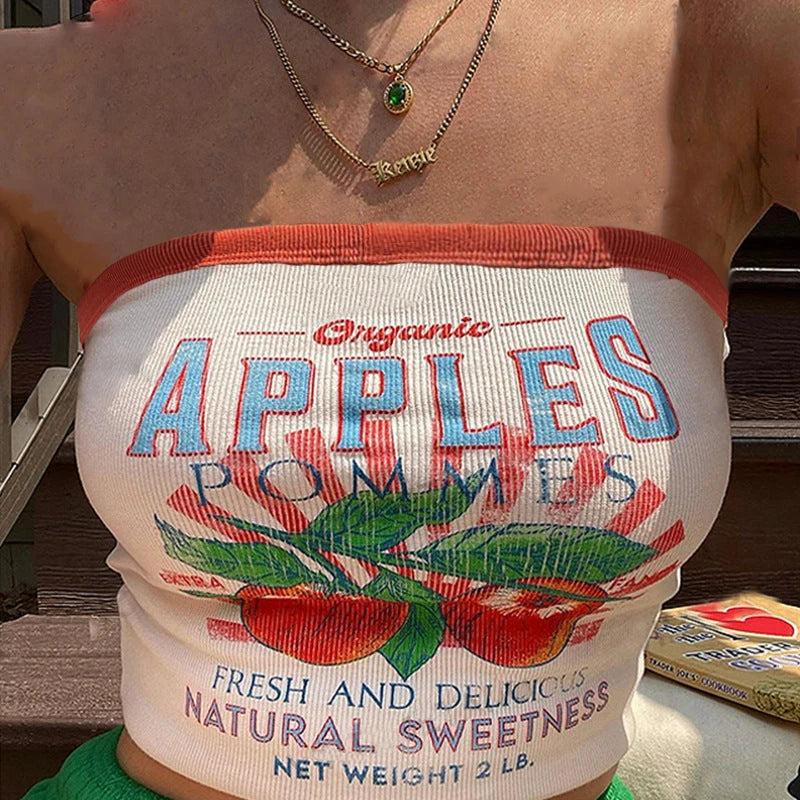 Women's y2k tube top with apple print, perfect for casual outings