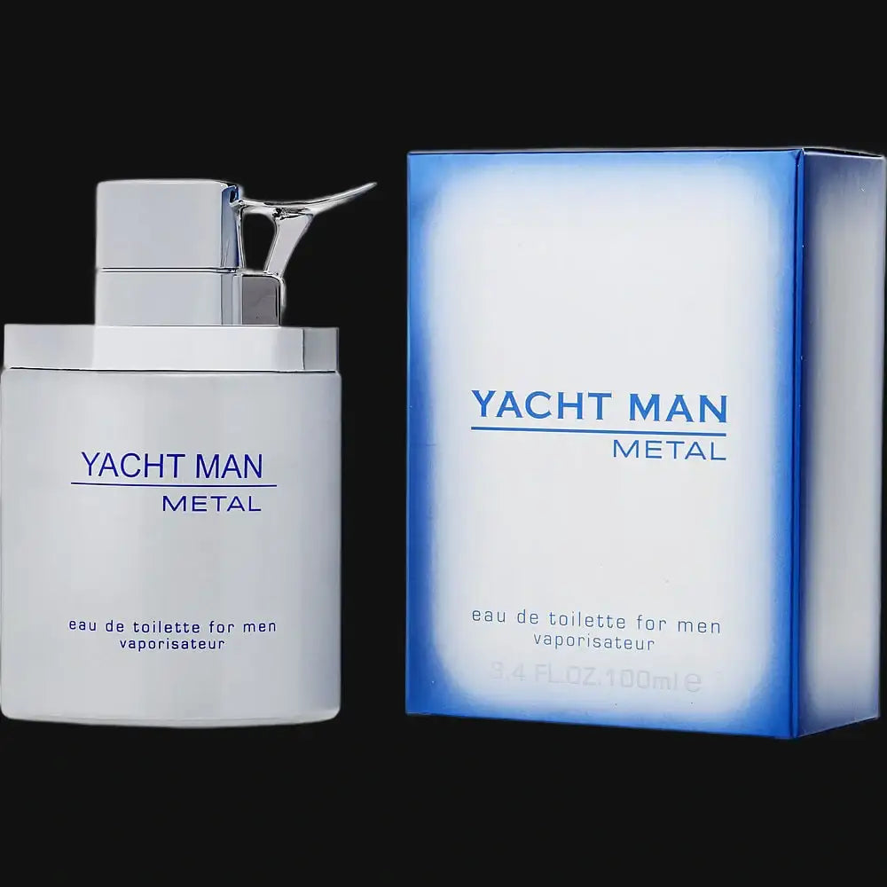 Yacht Man Metal cologne for men in a sleek bottle with a stylish box packaging