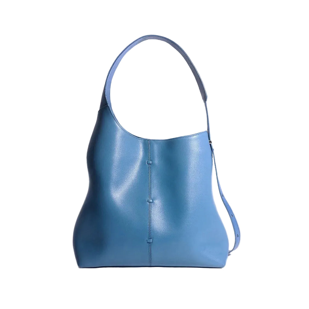 Blue leather tote bag for casual everyday use