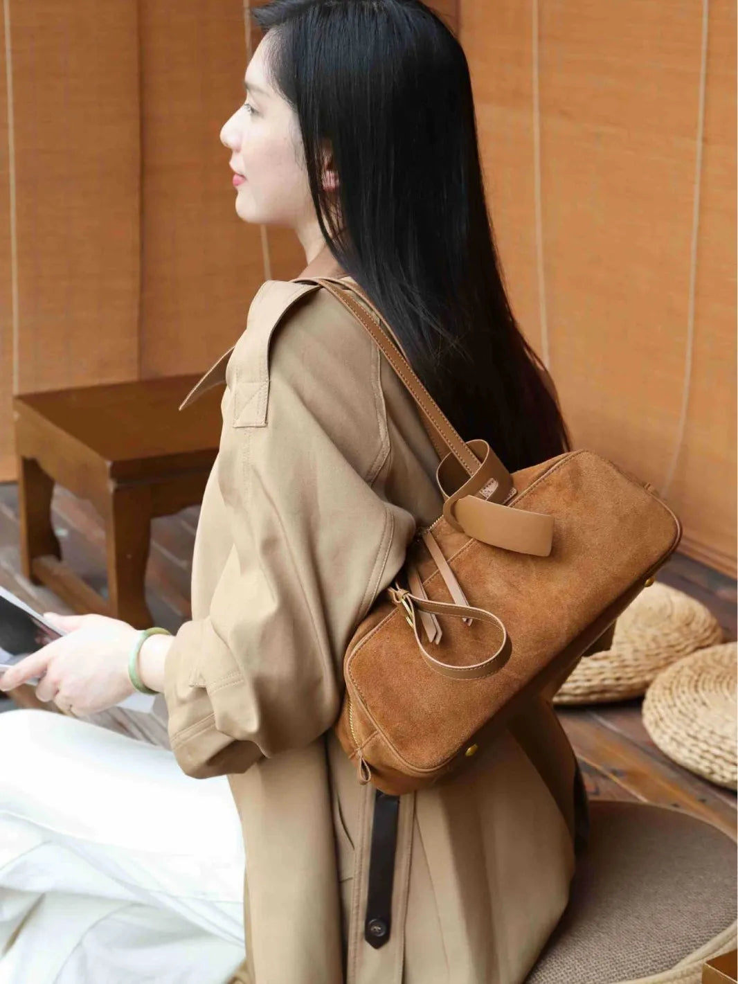 Brown suede tote bag, stylish and versatile for everyday use