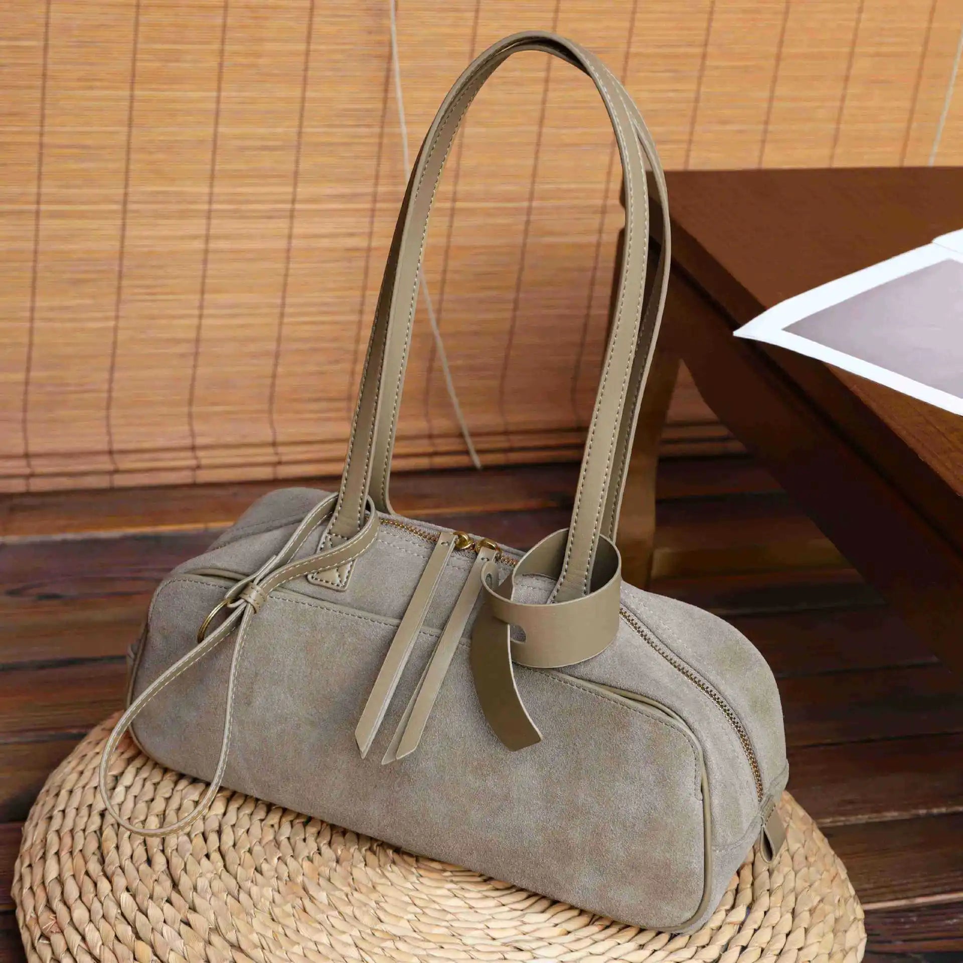 Light gray suede tote bag, perfect for everyday use