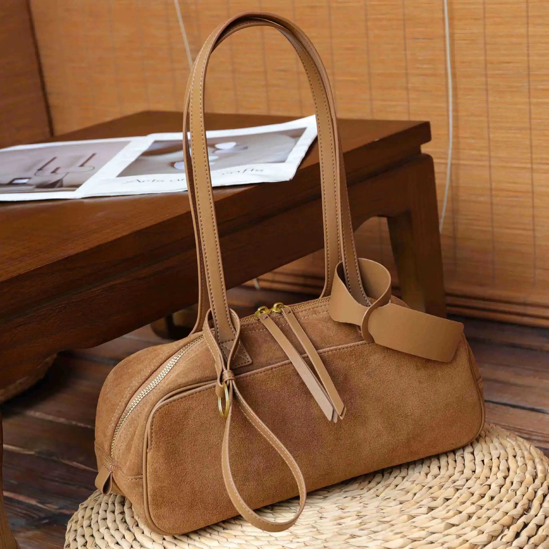 Brown suede tote bag, stylish and spacious, perfect for daily use