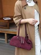 Burgundy suede tote bag, stylish everyday accessory for women