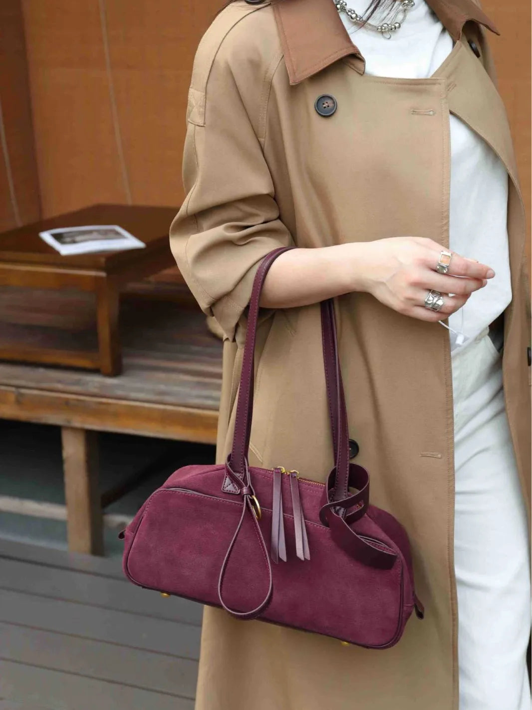 Burgundy suede tote bag, stylish everyday accessory for women
