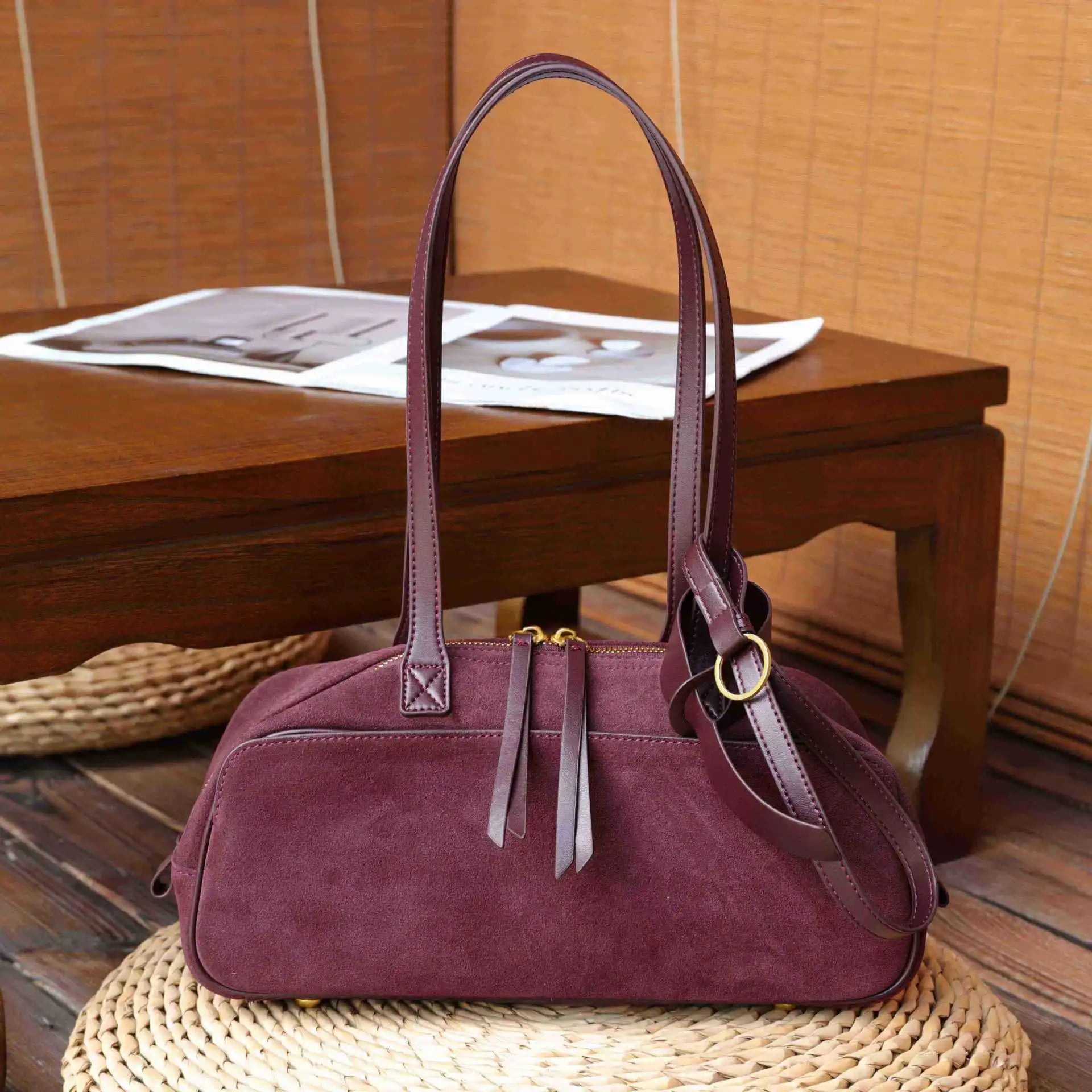 Burgundy suede tote bag for everyday use with stylish straps