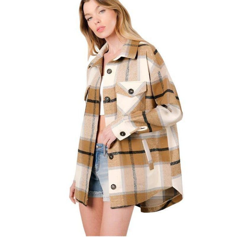 Yarn dyed shacket women in brown and cream plaid pattern by ZENANA for casual style