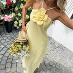 Yellow floral spaghetti strap dress for summer outings and maxi dress.