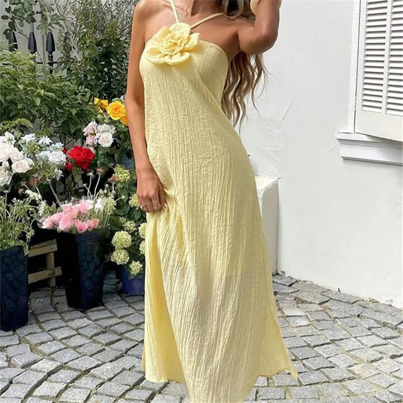 Yellow floral strapless maxi dress for summer outings