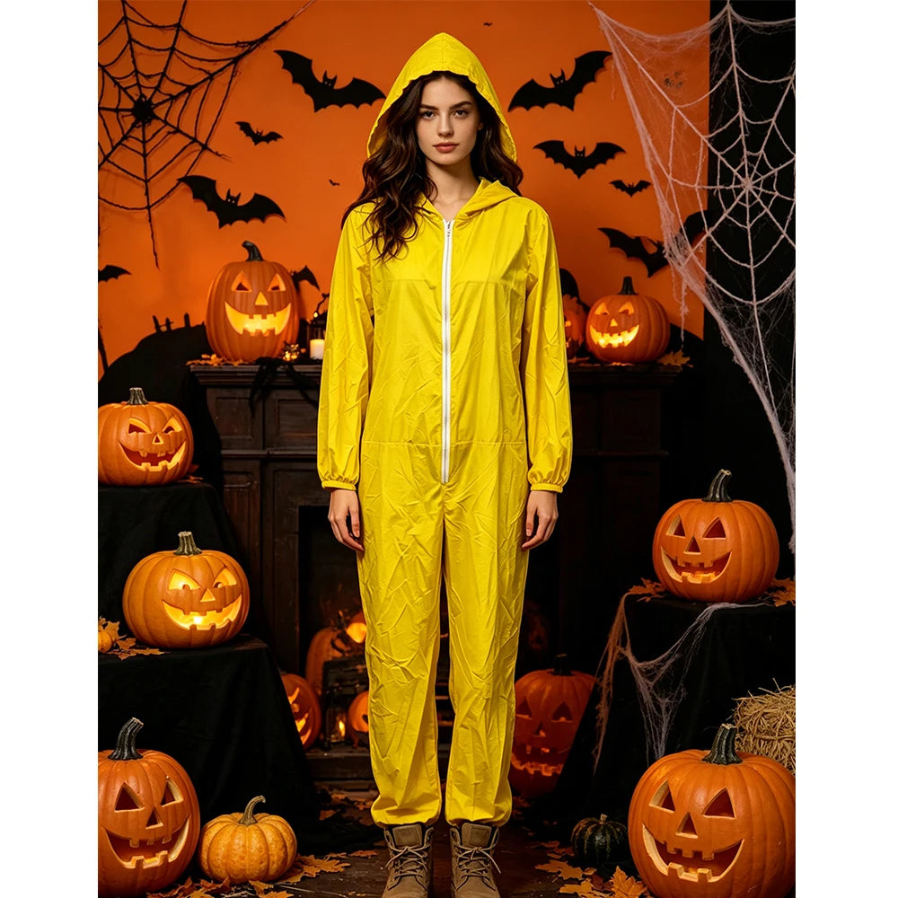 Yellow windproof zip-up hooded costume jumpsuit, front view