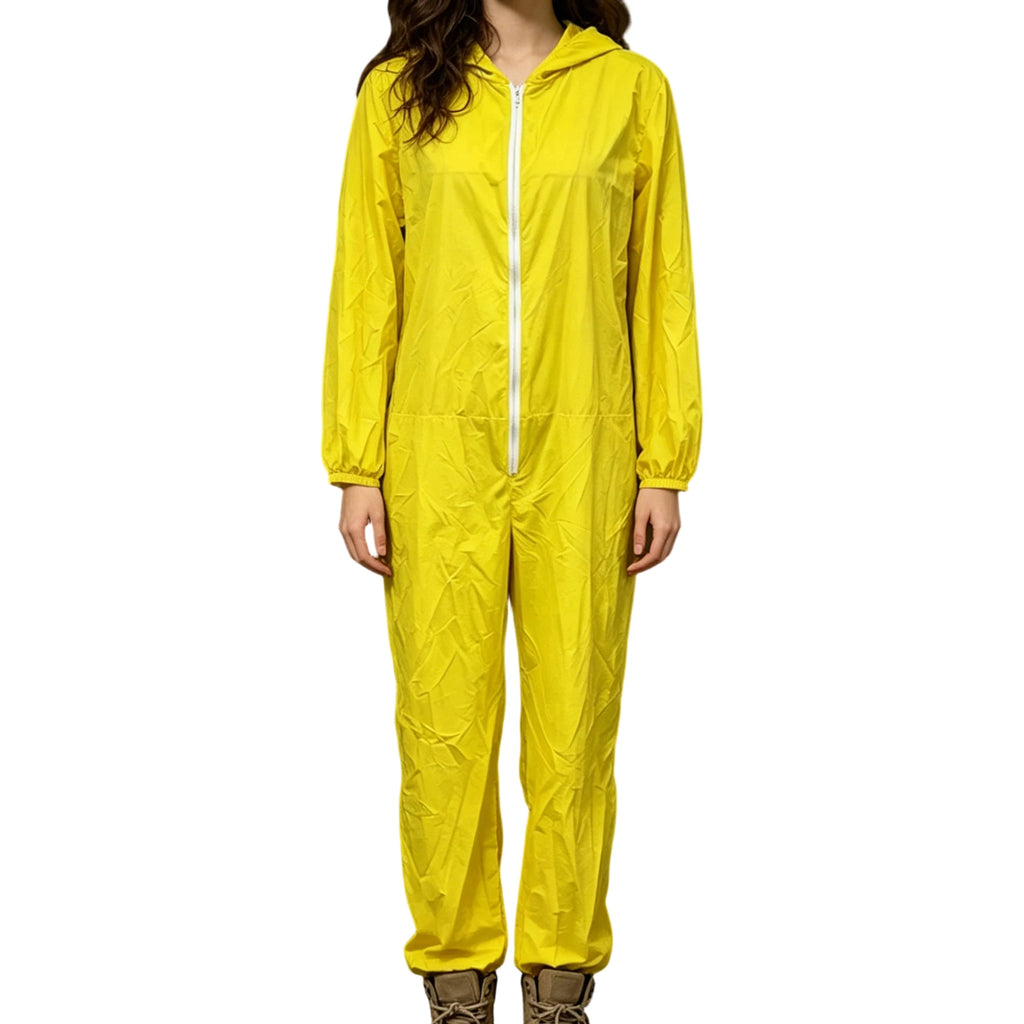 Full-length view of yellow Breaking Bad-inspired costume jumpsuit