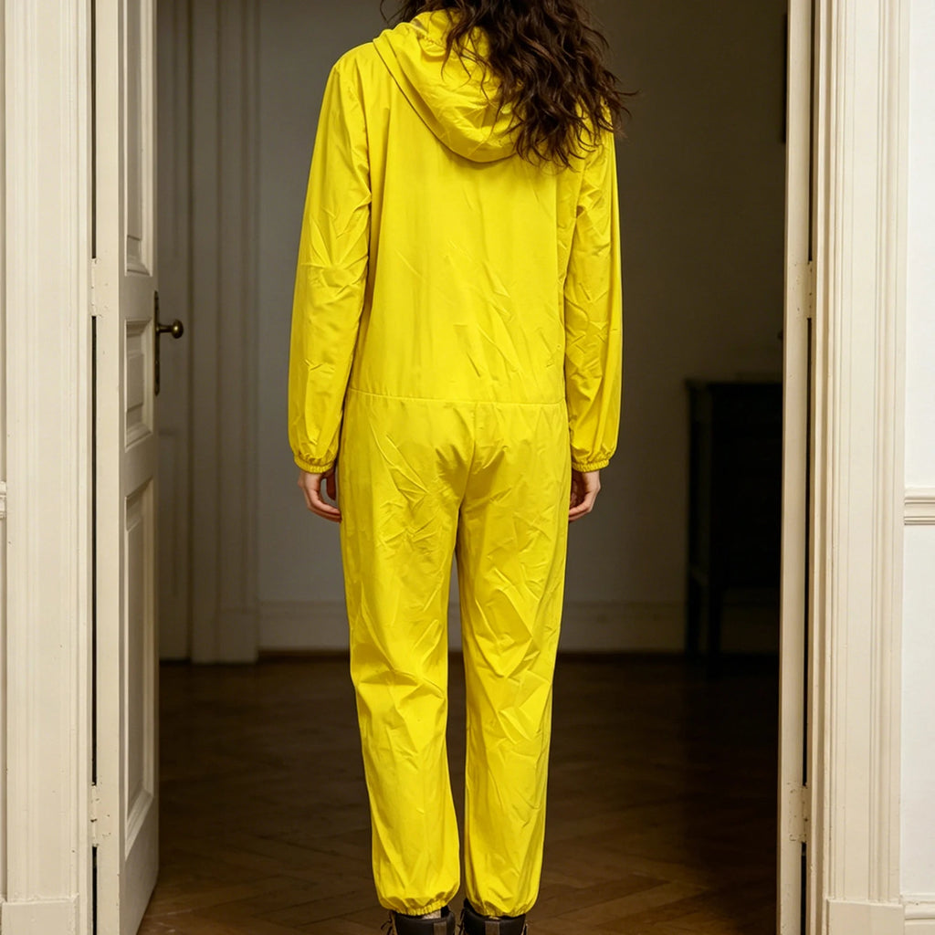 Hood detail on yellow Breaking Bad-inspired costume jumpsuit