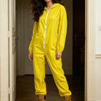 Yellow windproof zip-up hooded costume jumpsuit, side view