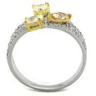 Stunning yellow gold accent silver ring for women featuring three sparkling gemstones