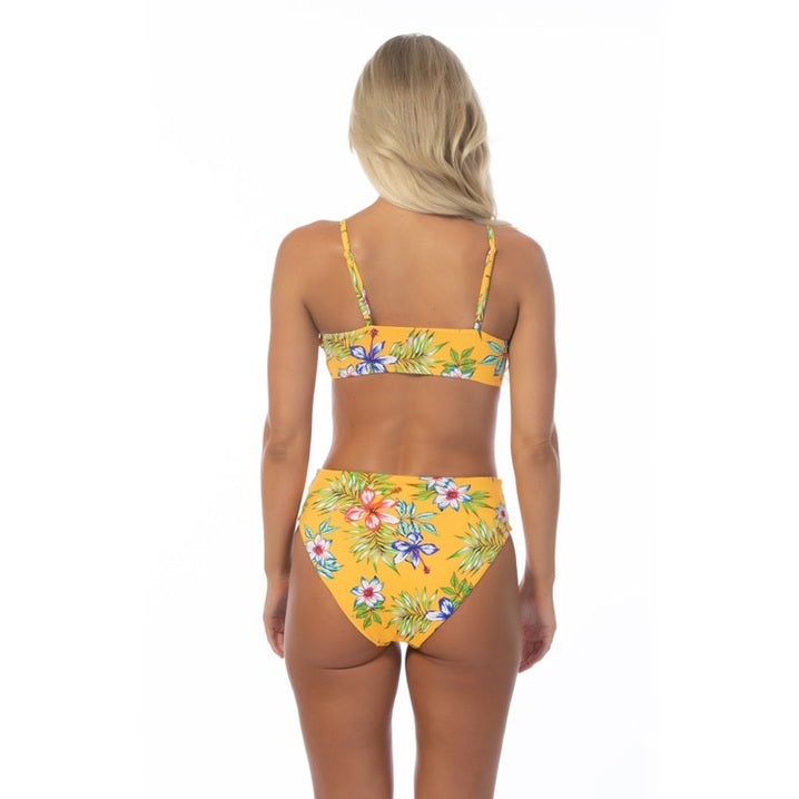 Back view of yellow island print bikini set with tropical floral design from Beach Joy Bikini