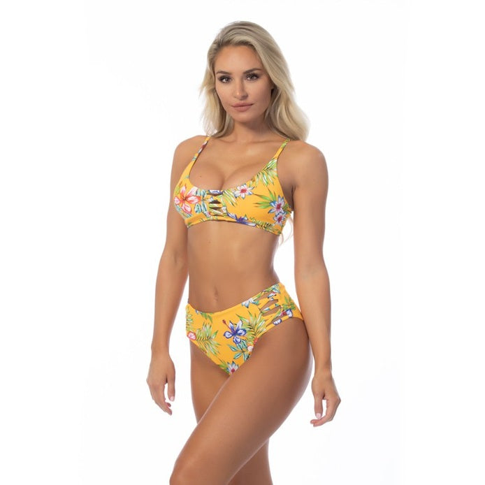 Beach Joy Bikini yellow island print bikini set with floral design and adjustable straps for women