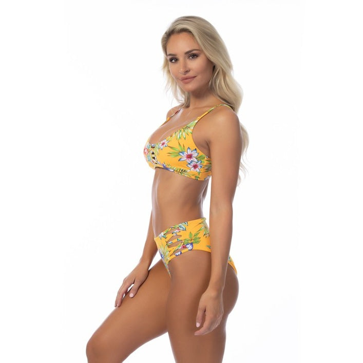 Women's yellow island print bikini set by Beach Joy Bikini with floral design and two-piece swimwear