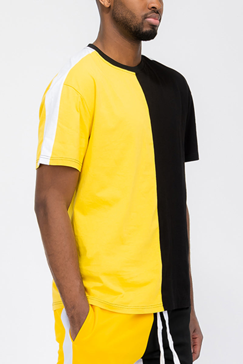 Two-Tone Split Side Stripe Cotton T-Shirt