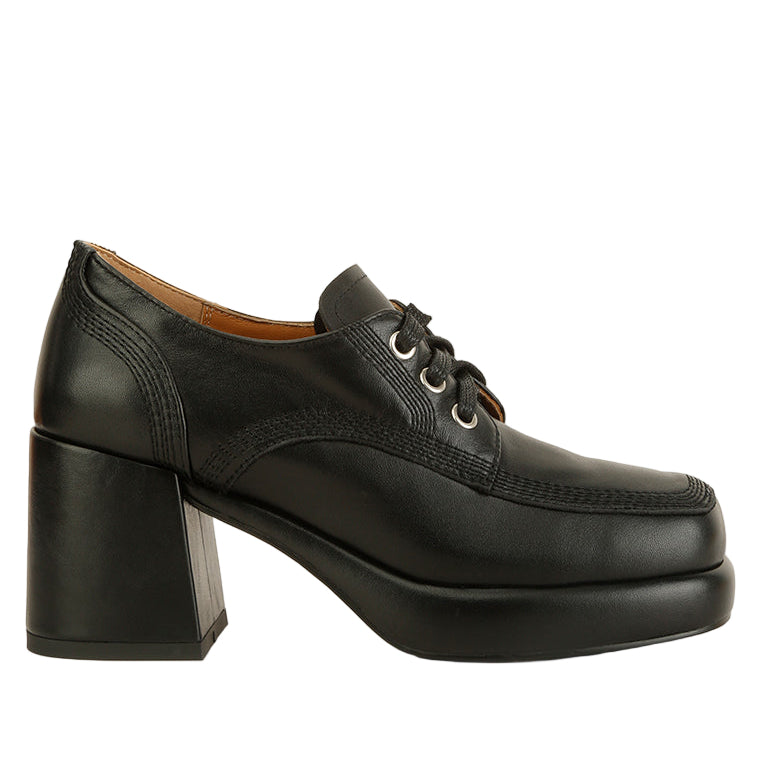 Black leather shoe with a block heel on a white background