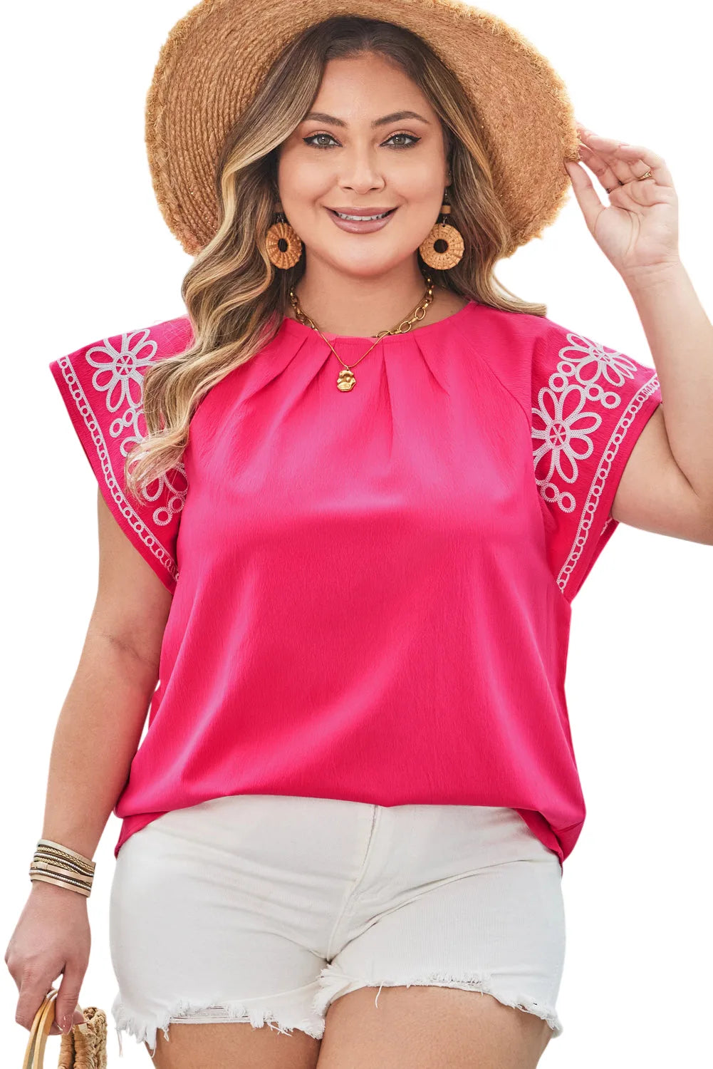 Zara Plus Size Floral Embroidered Flutter Sleeve Blouse