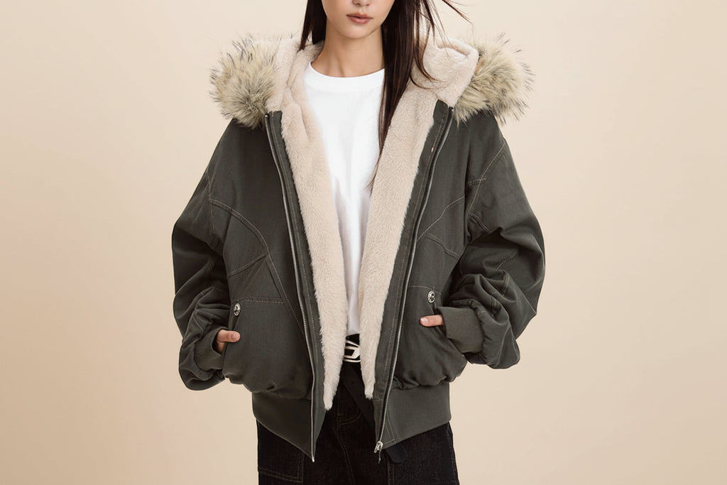 Women's olive barbour jacket padded with fur-lined hood for winter warmth