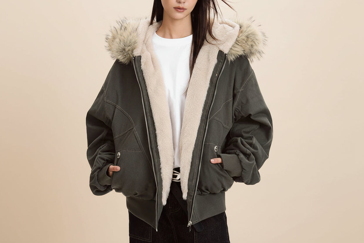 Women's olive barbour jacket padded with fur-lined hood for winter warmth