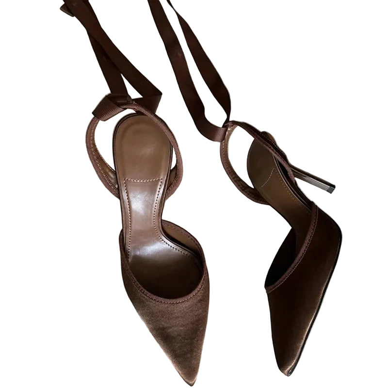 Brown designer shoes with ankle wrap, perfect for stylish outings