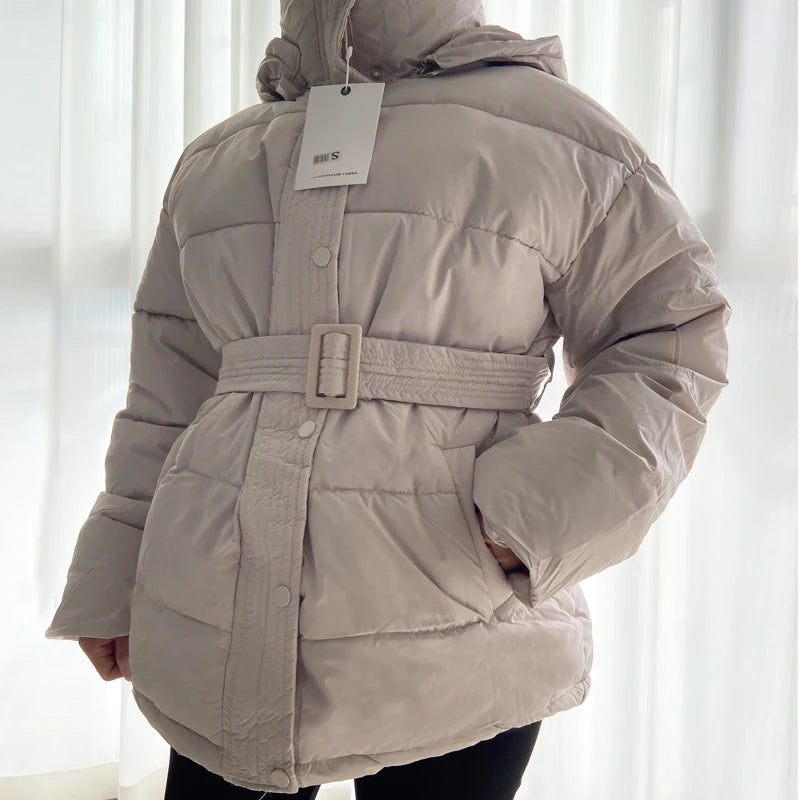 Women's beige hooded puffer jacket for winter warmth