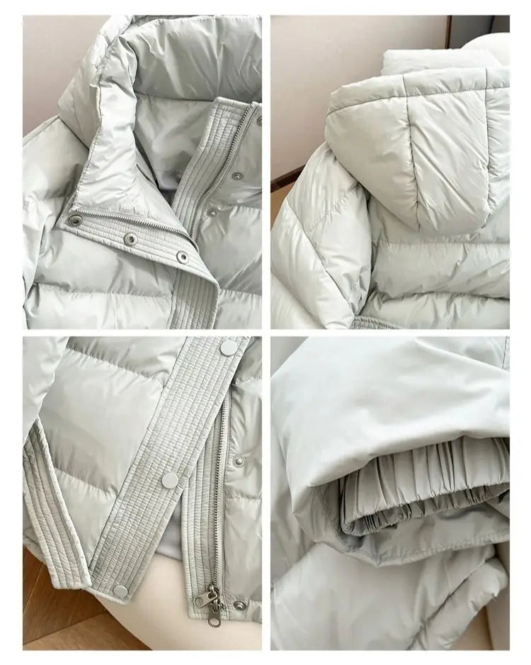 Women's hooded puffer jacket in lightweight gray for warmth