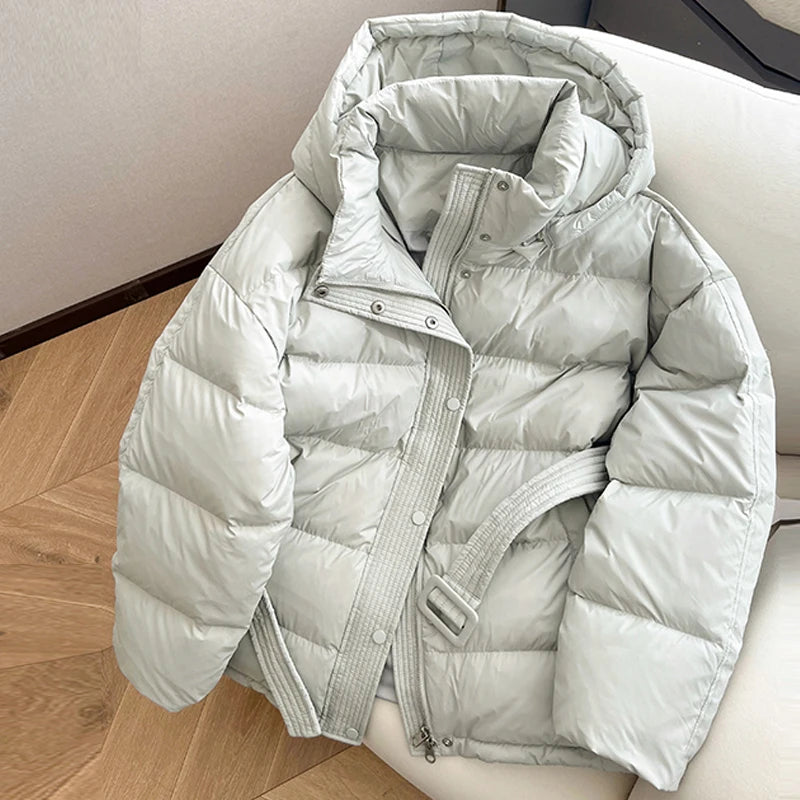 Women's light gray hooded puffer jacket for winter wear