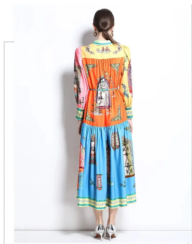 Women's colorful midi dress with printed design, perfect for summer outings