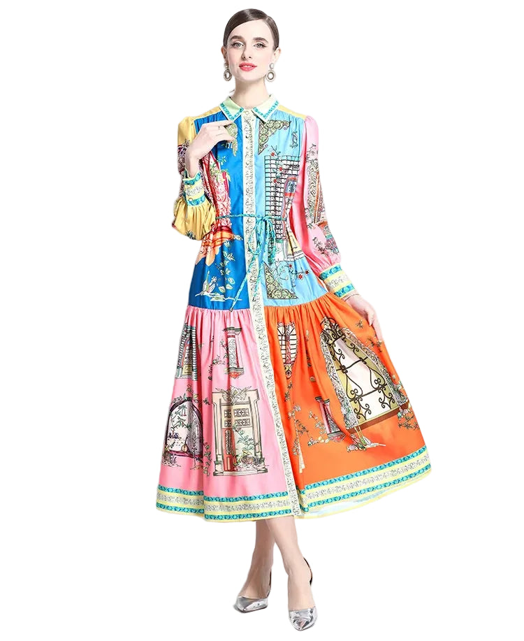 Women's colorful midi dress with artistic prints for casual outings