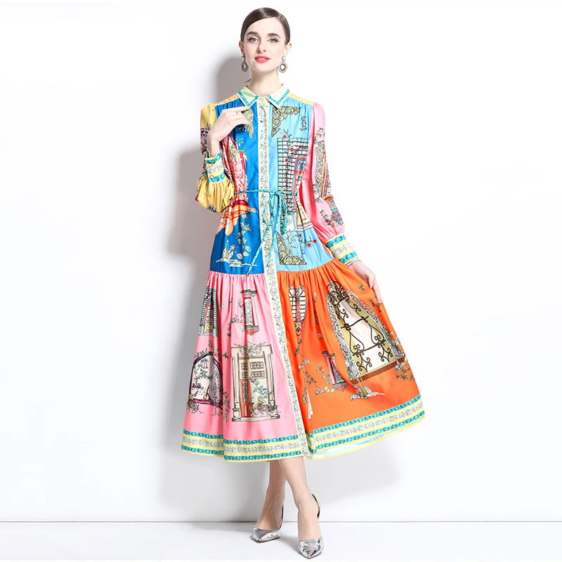 Women's colorful midi dress, lightweight fabric, perfect for summer outings
