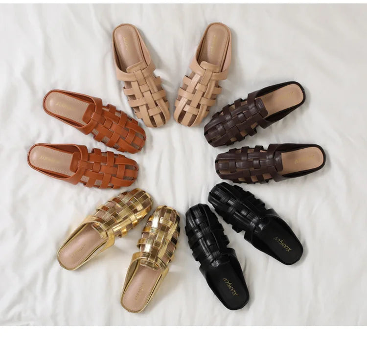 Women's woven sandals for summer in various colors on white background