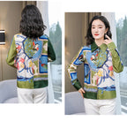 Women's patterned satin blouse, green and blue, stylish for casual outings