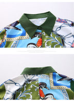 Women's satin blouse with colorful bird print and green collar