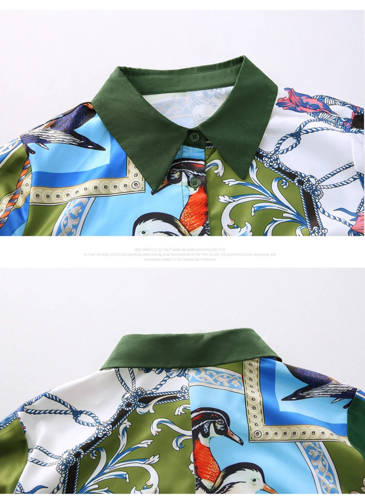 Women's satin blouse with colorful bird print and green collar